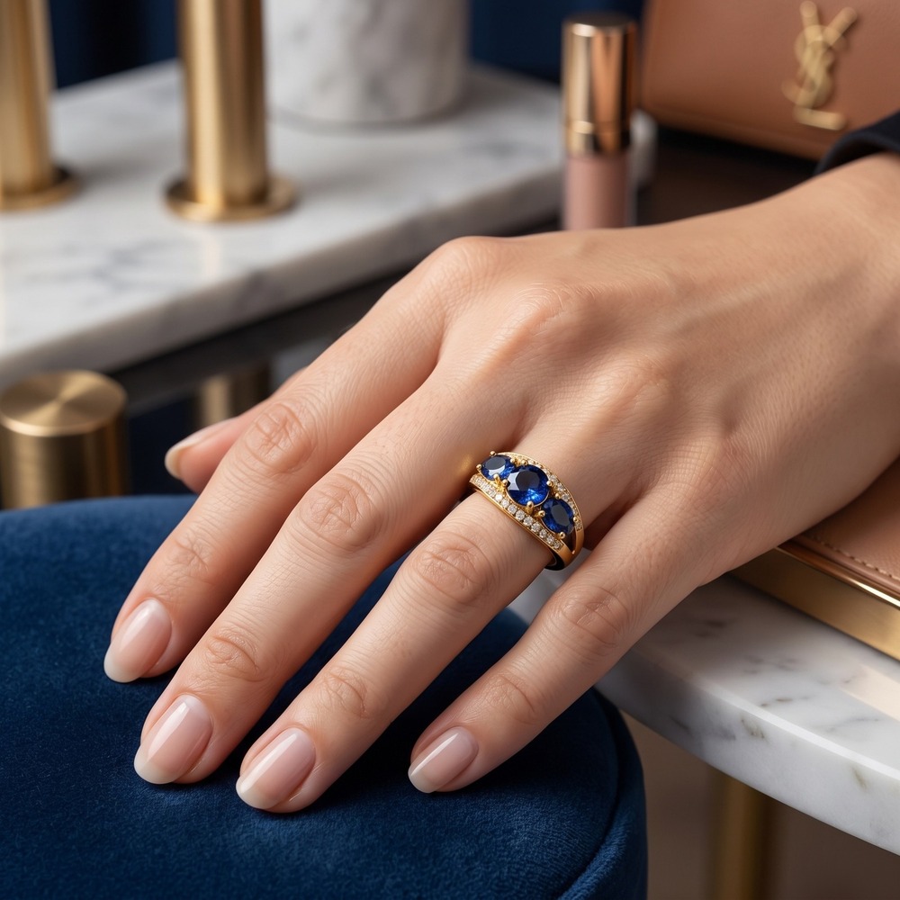 Bomb Party Ring Women Size 8 Gold Blue Stone Oval Cut Pavé Crystal Band
